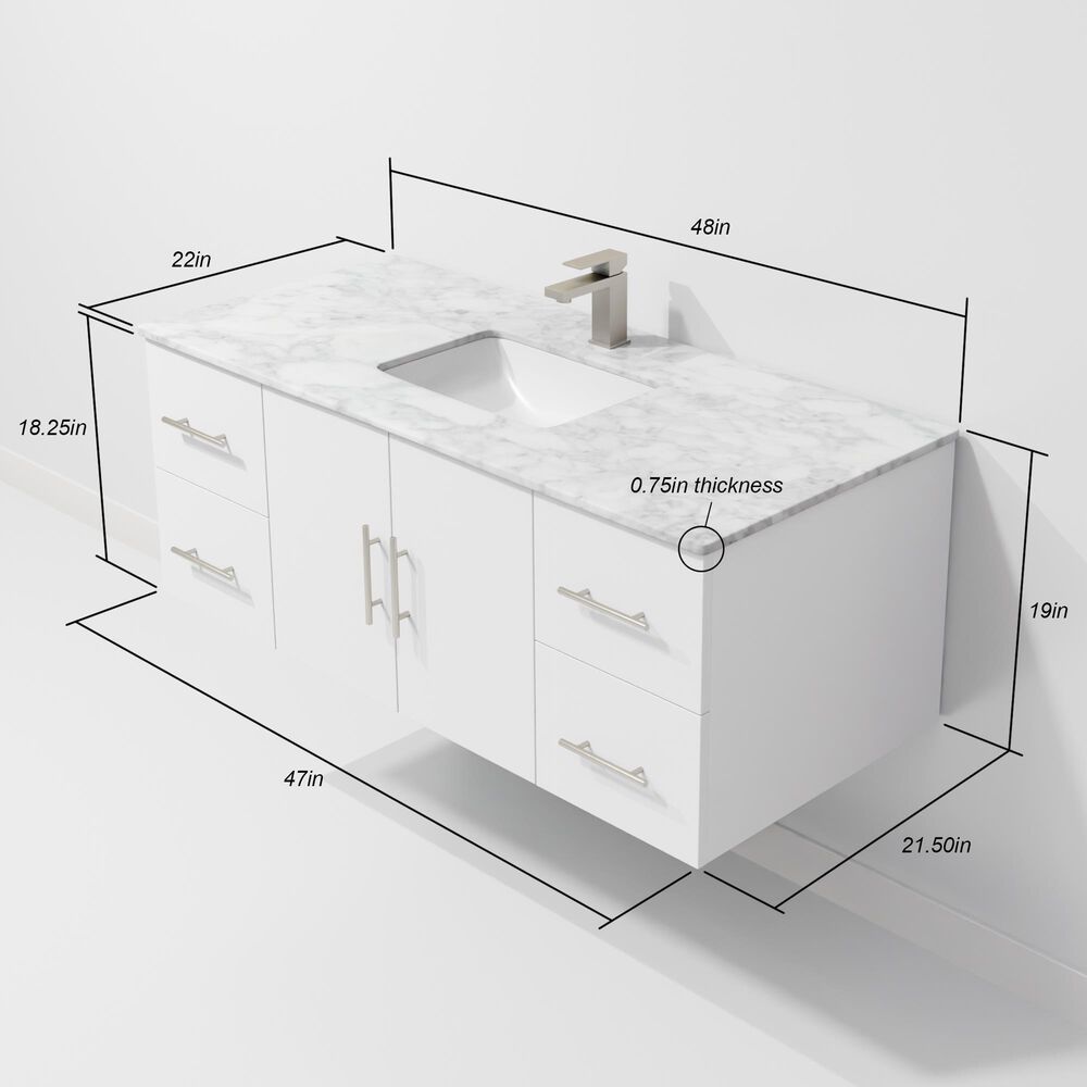 Lexora Home Geneva 48" Single Bathroom Vanity in Glossy White with 2 cm White Carrara Marble Top and Rectangular Sink, , large
