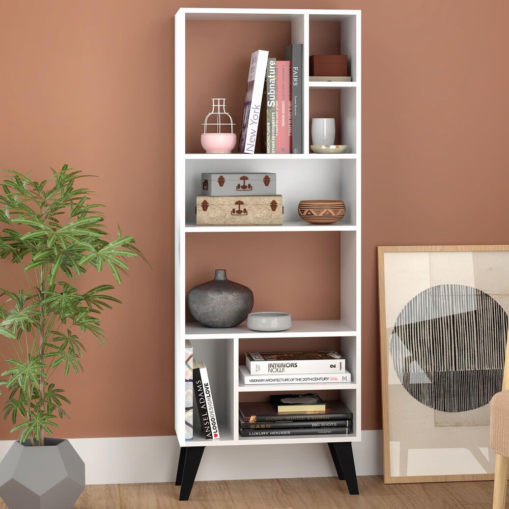 Dayton Warren 8-Shelf Bookcase in White/Black Feet, , large