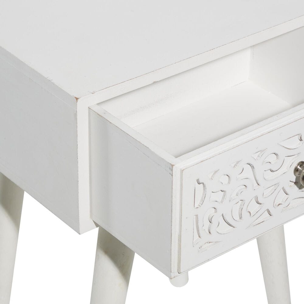 Maple and Jade Intricately Carved Single Drawer Scroll Accent End Table in Distressed White, , large