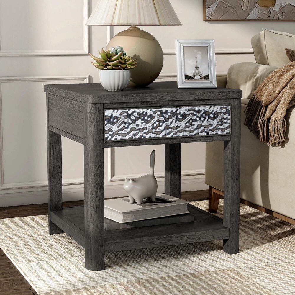 Furniture of America Piez End Table in Ash Gray and Stainless Steel, , large