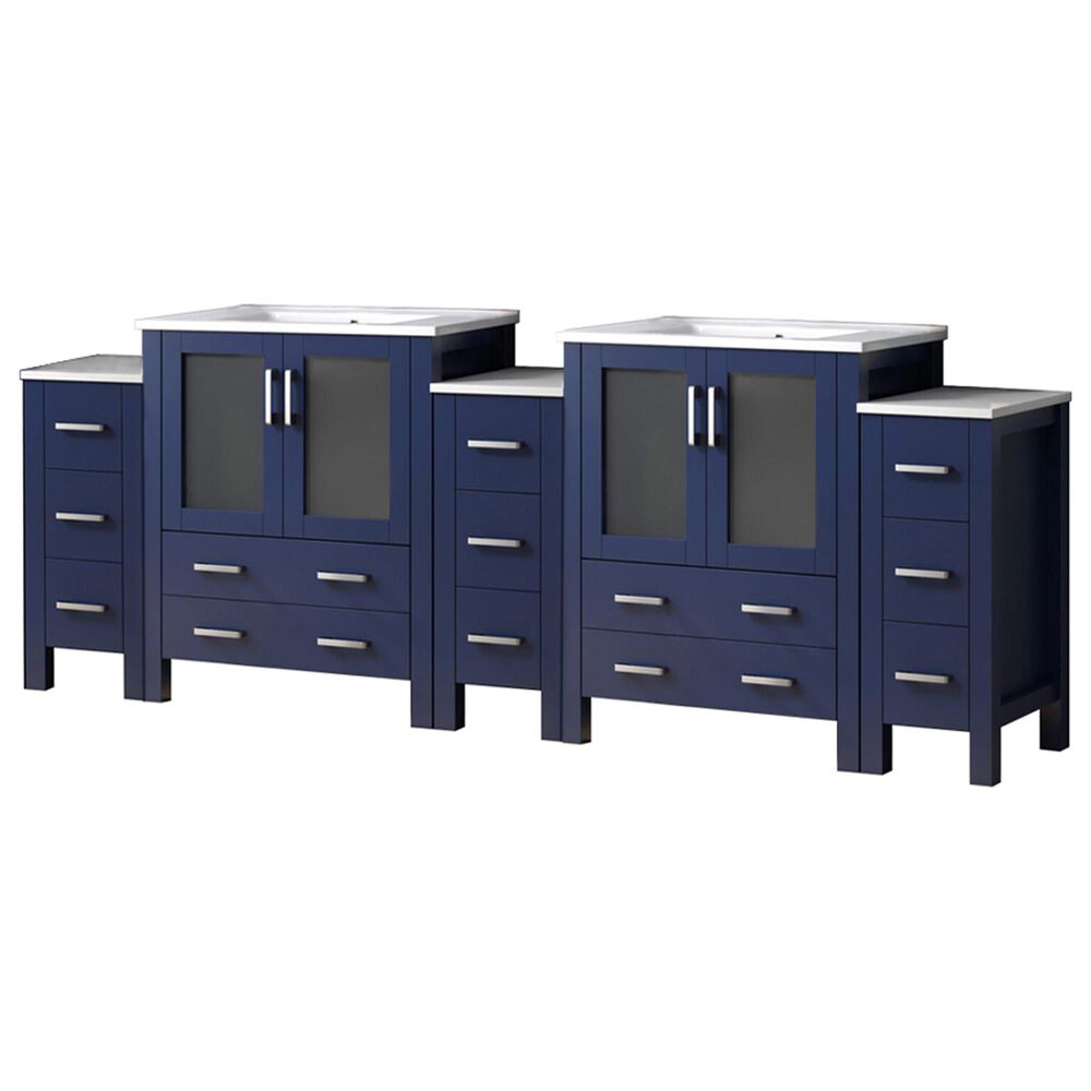 Lexora Home Volez 96" Double Bathroom Vanity in Navy Blue with 2 cm White Ceramic Top, Rectangular Sinks and Side Cabinets, , large