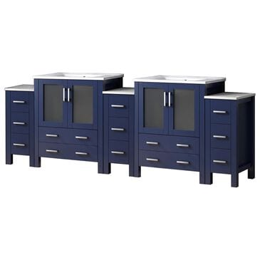 Lexora Home Volez 96" Double Bathroom Vanity in Navy Blue with 2 cm White Ceramic Top, Rectangular Sinks and Side Cabinets, , large