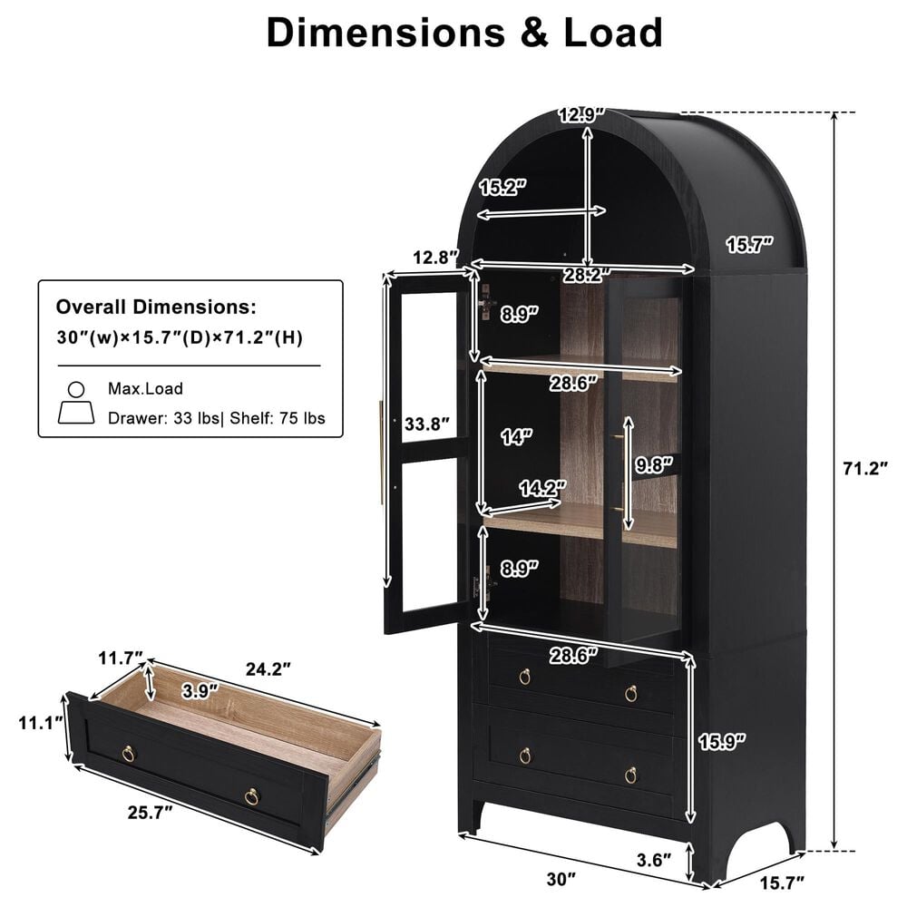 HOMLUX 71" Arched Kitchen Pantry Cabinet in Black, , large