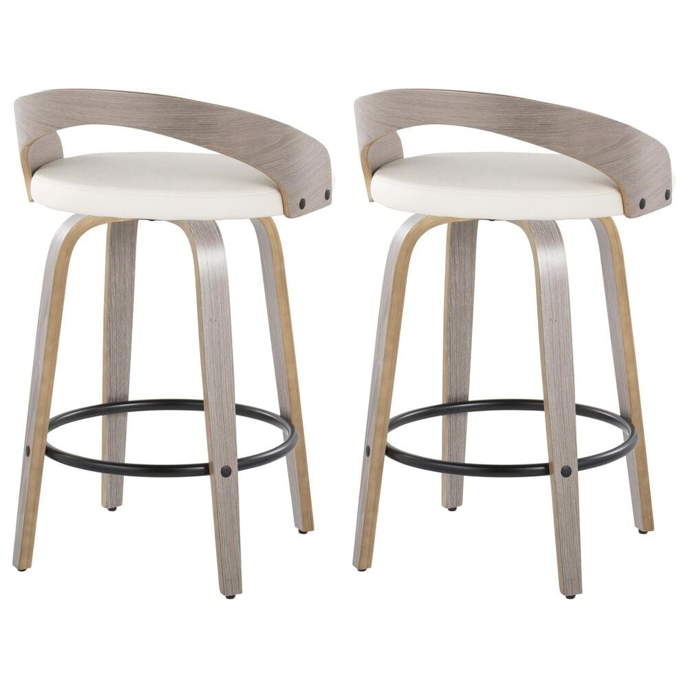 LumiSource Grotto 26" Swivel Counter Stool with White Faux Leather Upholstery in Light Grey and Black (Set of 2), , large