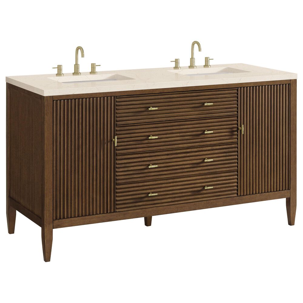 James Martin Vanities Myrrin 60" Double Vanity in Mid-Century Walnut with 3 cm Eternal Marfil Quartz Top, , large