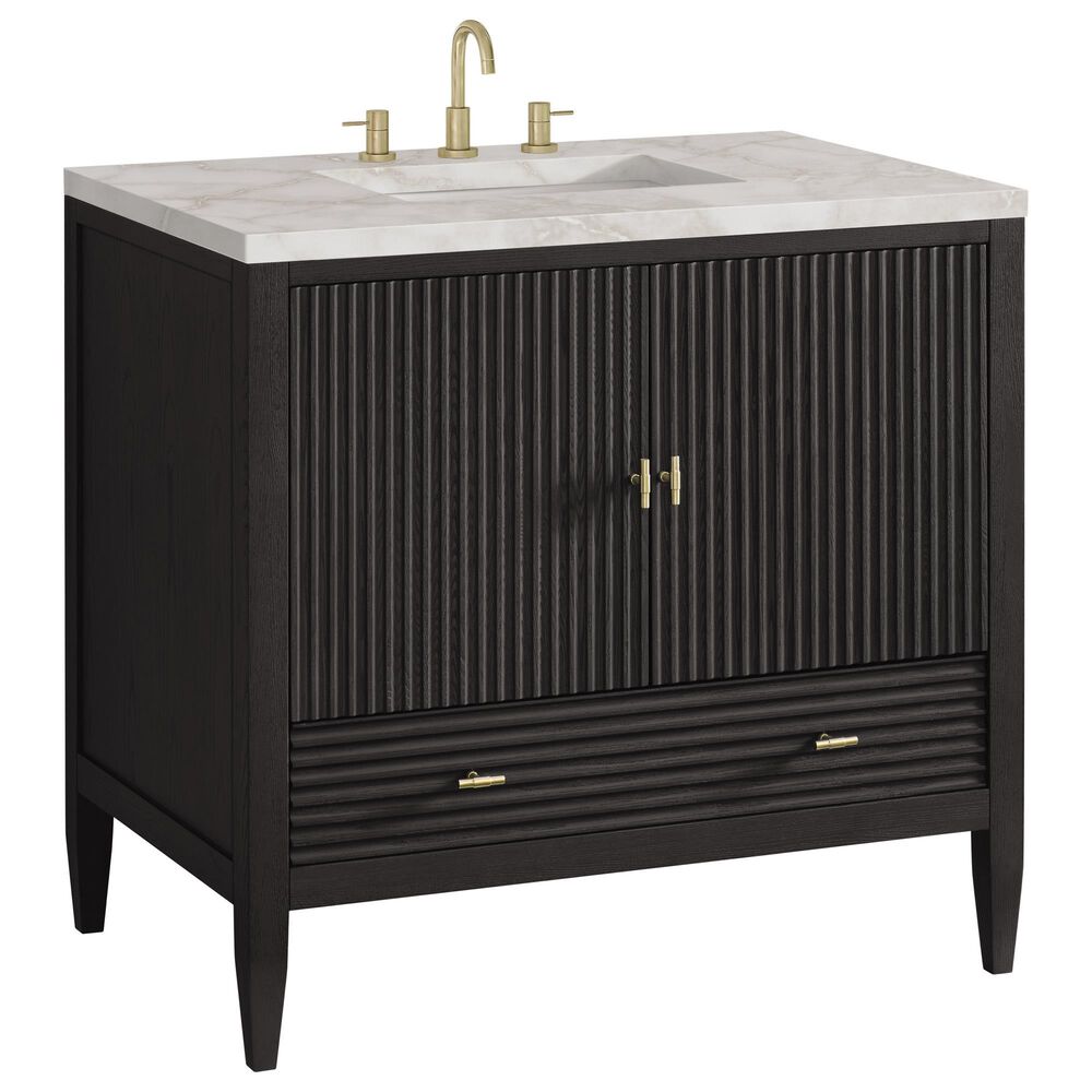 James Martin Vanities Myrrin 36" Vanity in Carbon Oak with 3 cm Victorian Silver Quartz Top, , large