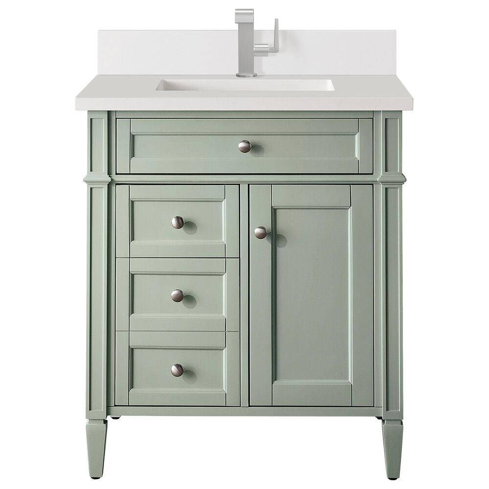 James Martin Vanities Brittany 30" Single Bathroom Vanity in Sage Green with Single Hole 3 cm White Zeus Quartz Top and Rectangular Sink, , large