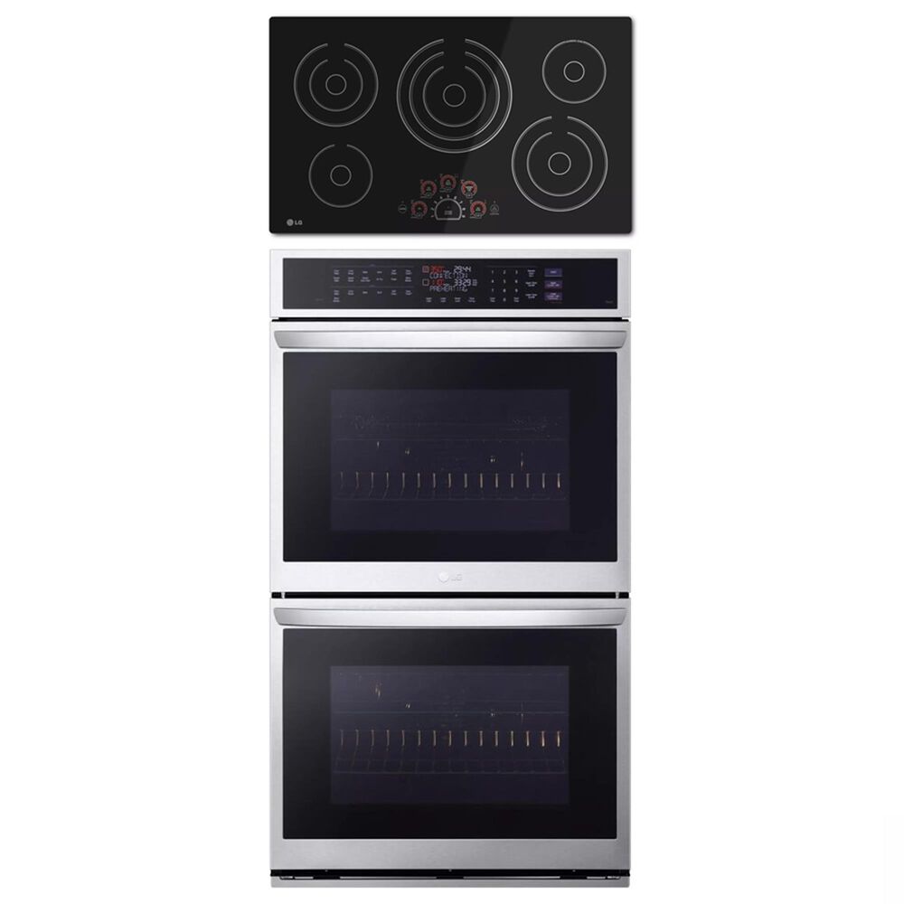 LG 2-Piece Kitchen Package with 9.4 Cu. Ft. Double Wall Oven and 36" Electric Cooktop in Print Proof Stainless Steel and Black, , large
