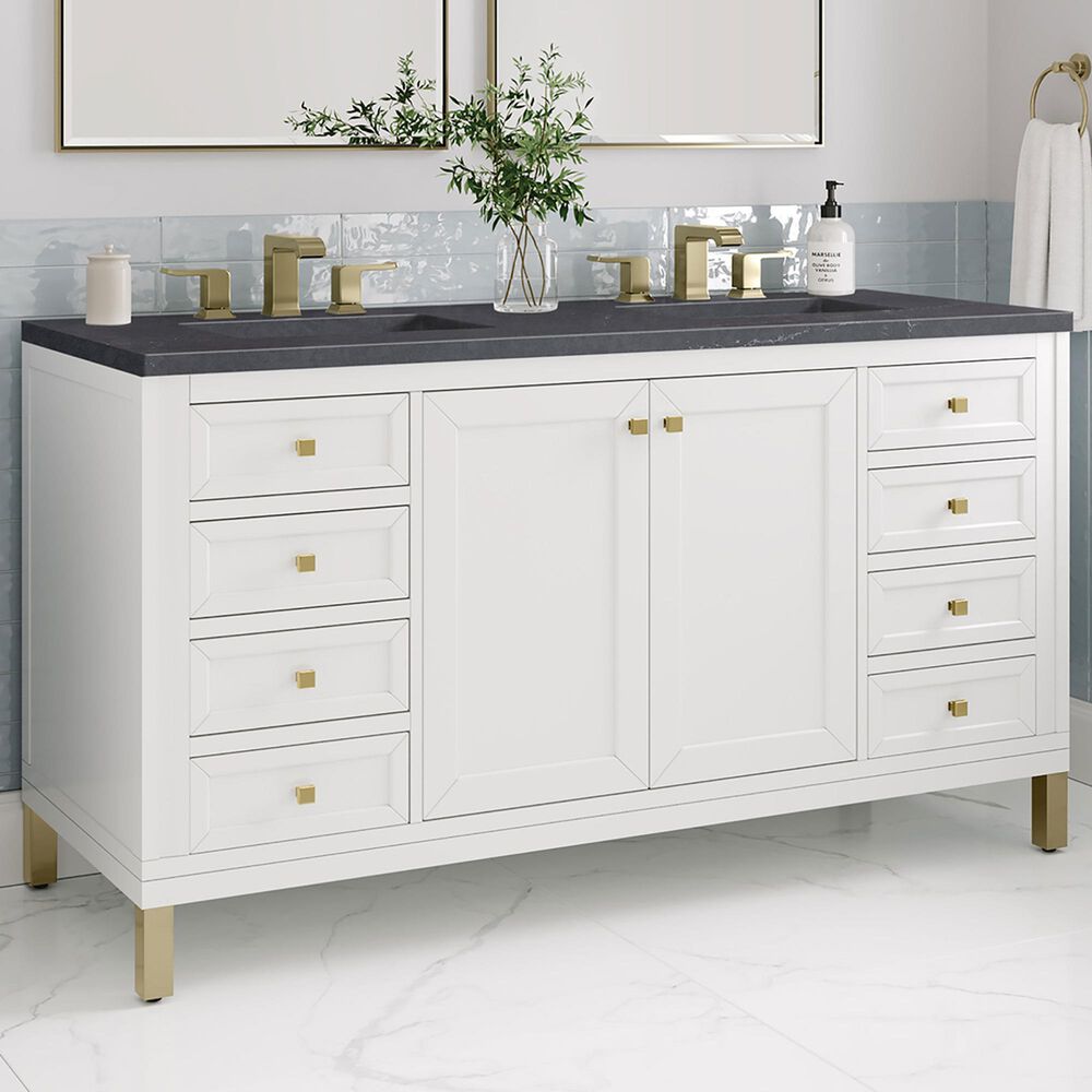 James Martin Vanities Chicago 60&quot; Double Bathroom Vanity in Glossy White with 3 cm Charcoal Soapstone Quartz Top and Rectangular Sinks, , large