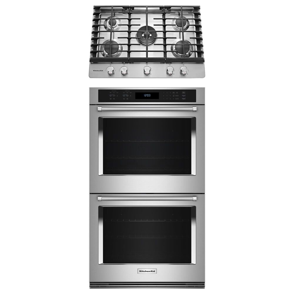 KitchenAid 2-Piece Kitchen Package with 30" Double Wall Oven and Gas Cooktop in Stainless Steel, , large