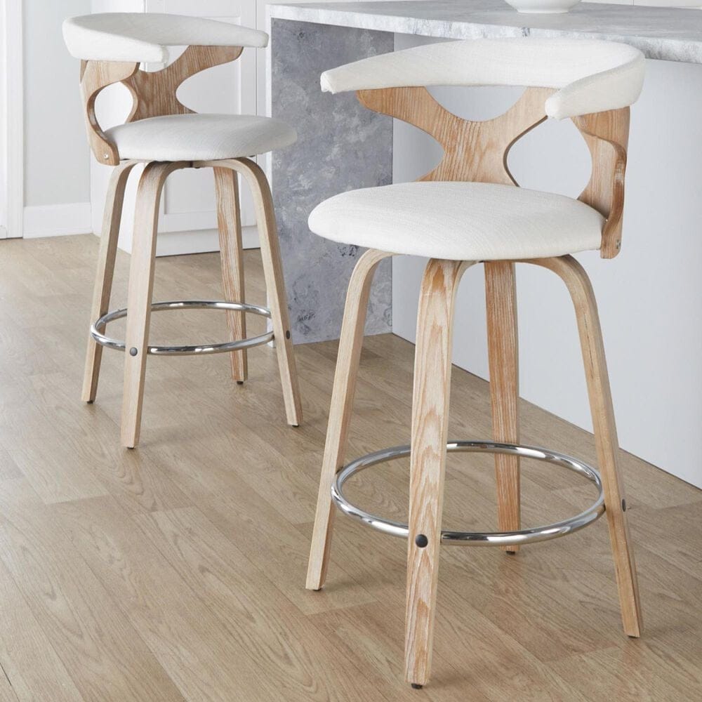 LumiSource Gardenia Swivel Fixed-Height Counter Stool with Cream Fabric Upholstery in Chrome and Whitewashed (Set of 2), , large