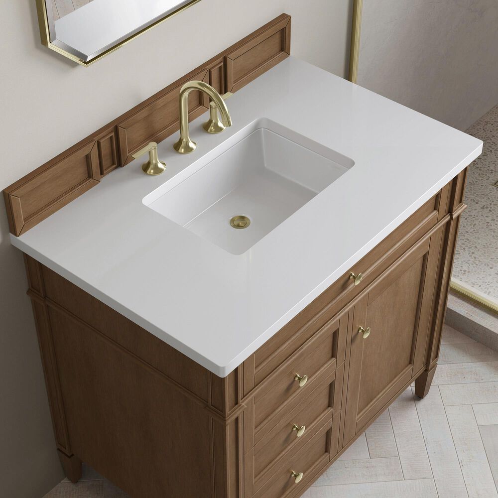 James Martin Brittany 36" Single Bathroom Vanity in Pecan with 3 cm White Zeus Silestone Top and Rectangular Sink, , large