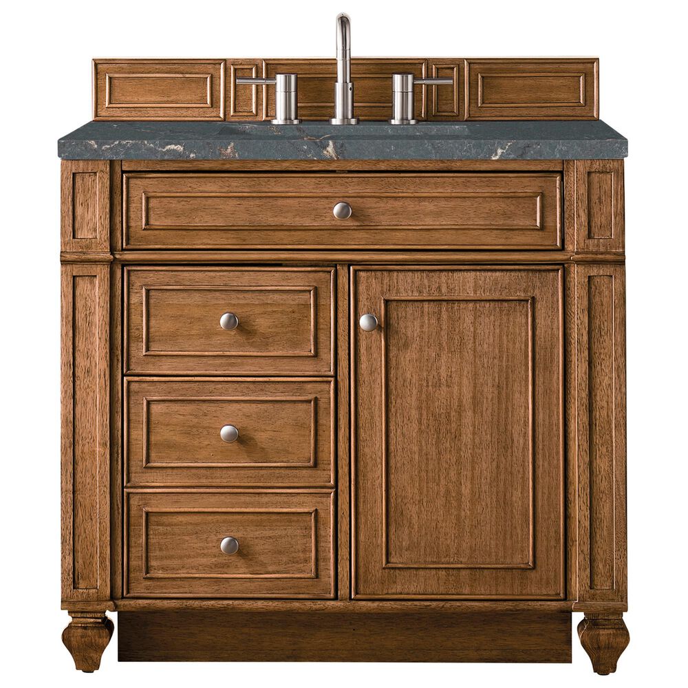 James Martin Vanities Bristol 36" Single Bathroom Vanity in Saddle Brown with 3 cm Parisien Bleu Quartz Top and Rectangular Sink, , large