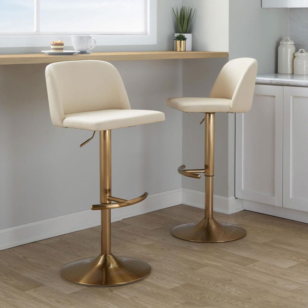 LumiSource Toriano Swivel Adjustable Bar Stool with Cream Faux Leather Upholstery in Gold (Set of 2), , large