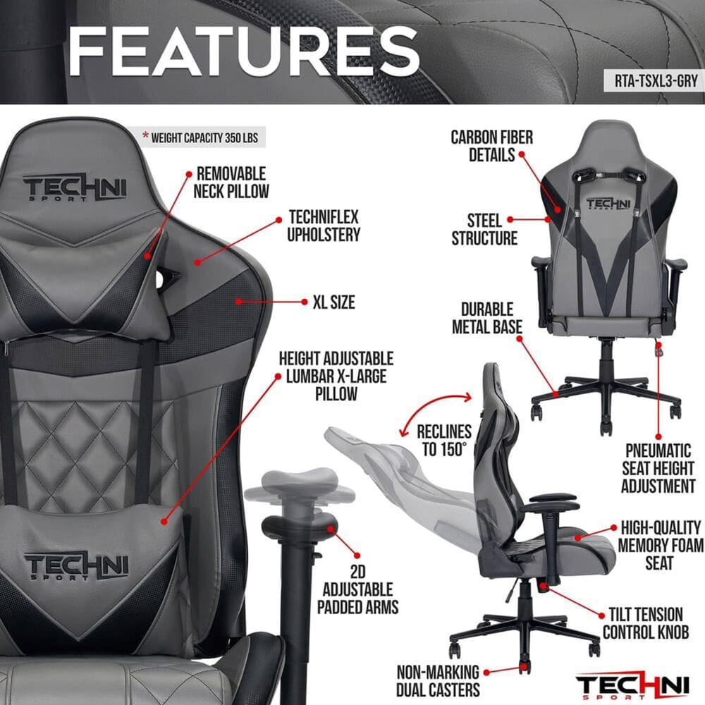 Techni Sport GamerXL Gaming Chair in Grey and Black, , large