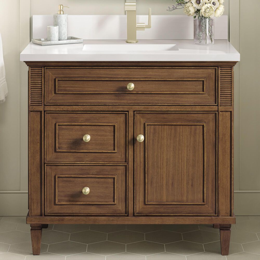 James Martin Vanities Lorelai 36&quot; Single Vanity in Mid-Century Walnut with Single Hole 3 cm and White Zeus Quartz Top &amp; Backsplash, , large