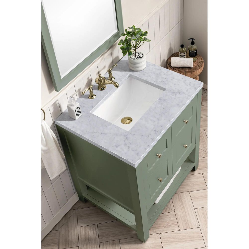 James Martin Vanities Breckenridge 30" Single Bathroom Vanity in Smokey Celadon with 3 cm Carrara White Marble Top and Rectangular Sink, , large