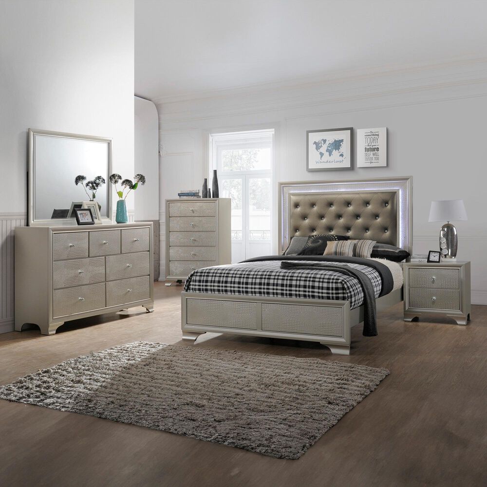 Crown Mark Lyssa Queen Panel Bed with LED in Champagne, , large