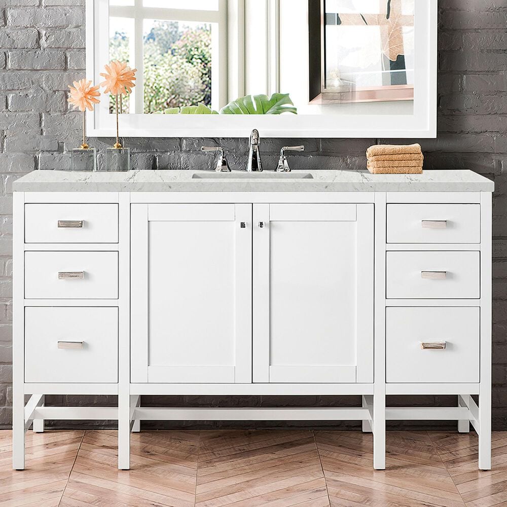 James Martin Vanities Addison 60&quot; Single Bathroom Vanity in Glossy White with 3 cm Eternal Jasmine Pearl Quartz Top and Rectangular Sink, , large