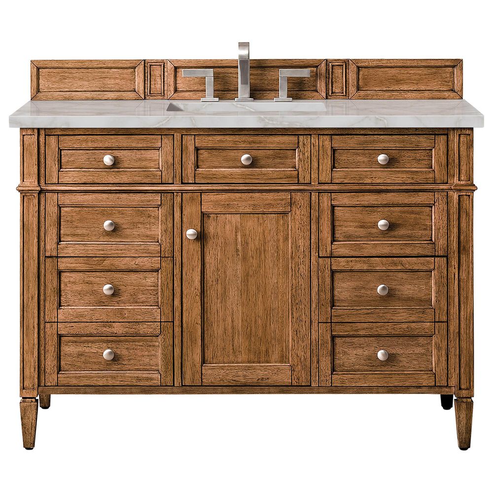 James Martin Vanities Brittany 48" Single Bathroom Vanity in Saddle Brown with 3 cm Eternal Jasmine Pearl Silestone Top, Rectangular Sink and FreePower Wireless Charger, , large