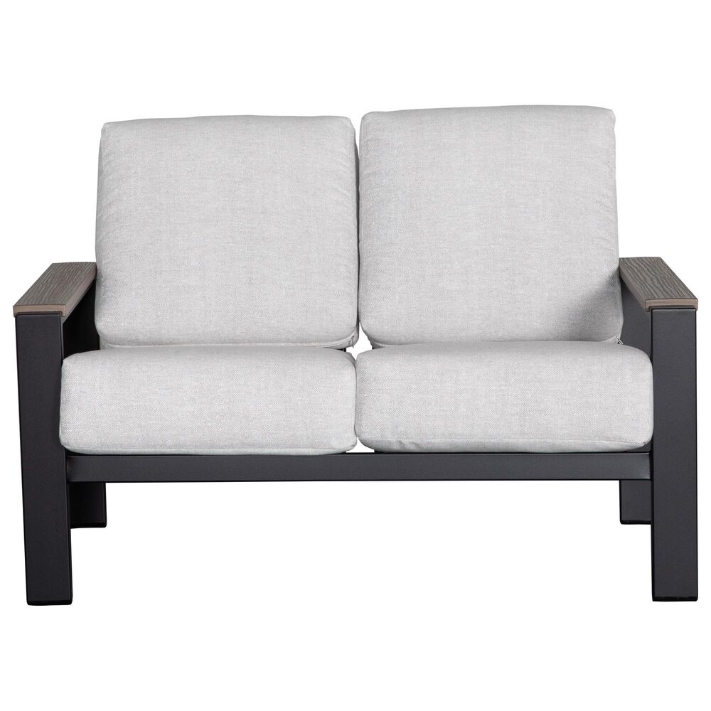 Telescope Larssen Stationary Patio Loveseat with Charter Silk Cushion in Black and Boardwalk, , large