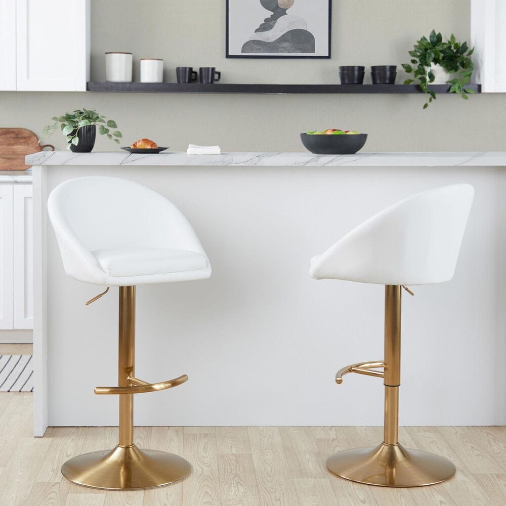 LumiSource Matisse Adjustable Swivel Barstool with White Faux Leather Upholstery in Gold (Set of 2), , large
