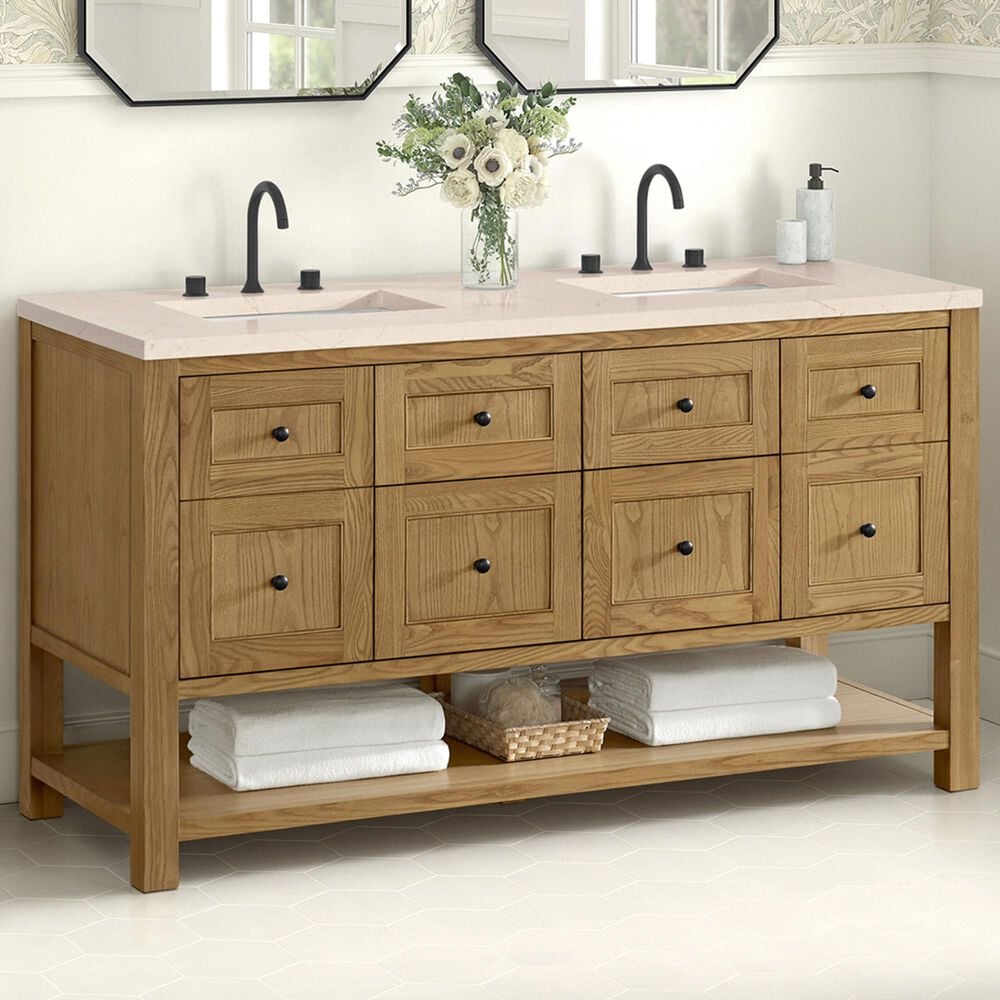 James Martin Vanities Breckenridge 60&quot; Double Bathroom Vanity in Light Natural Oak with 3 cm Eternal Marfil Quartz Top and Rectangular Sinks, , large