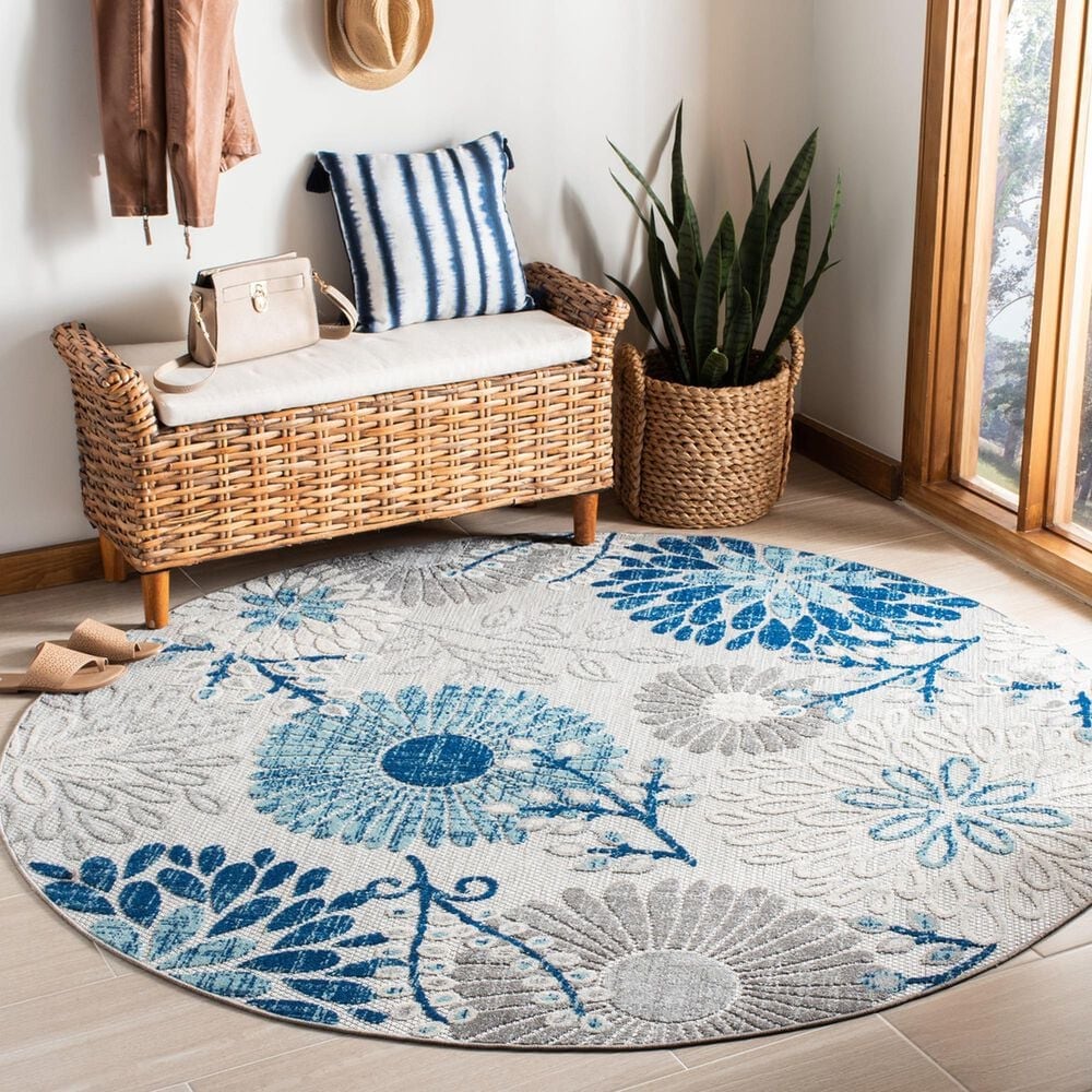 Safavieh Cabana 5&#39;3&quot; Round Gray and Navy Indoor/Outdoor Area Rug, , large