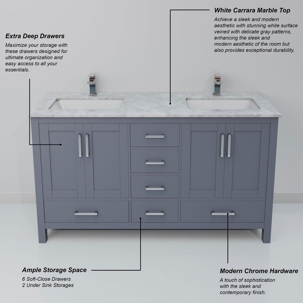 Lexora Home Jacques 60" Double Bathroom Vanity in Dark Grey with 2 cm White Carrara Marble Top and Rectangular Sinks, , large