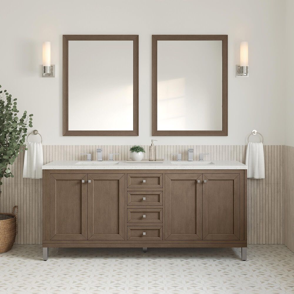 James Martin Vanities Chicago 72&quot; Double Bathroom Vanity in Whitewashed Walnut with 3 cm Lime Delight Quartz Top and Rectangular Sinks, , large