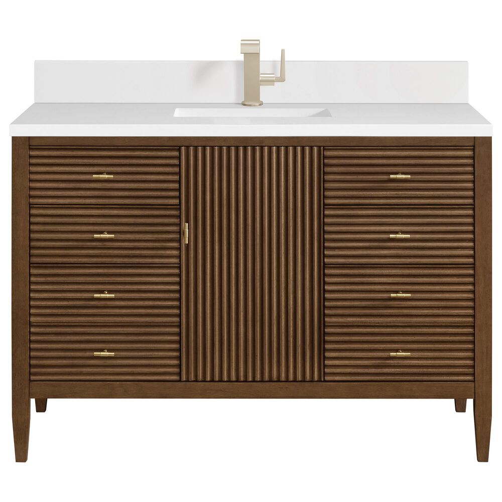 James Martin Vanities Myrrin 48" Vanity in Mid-Century Walnut with Single Hole and 3 cm White Zeus Quartz Top & Backsplash, , large