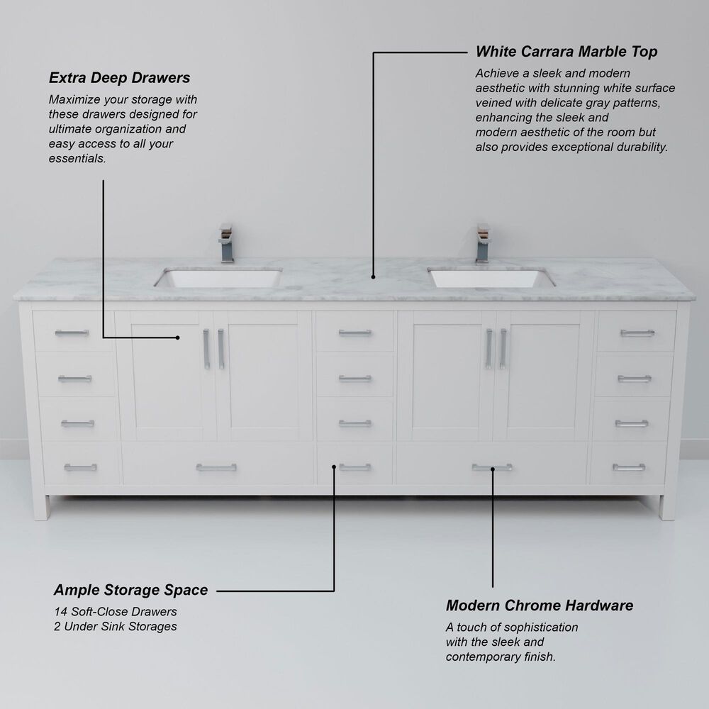 Lexora Home Jacques 84&quot; Double Bathroom Vanity in White with 2 cm White Carrara Marble Top and Rectangular Sinks, , large