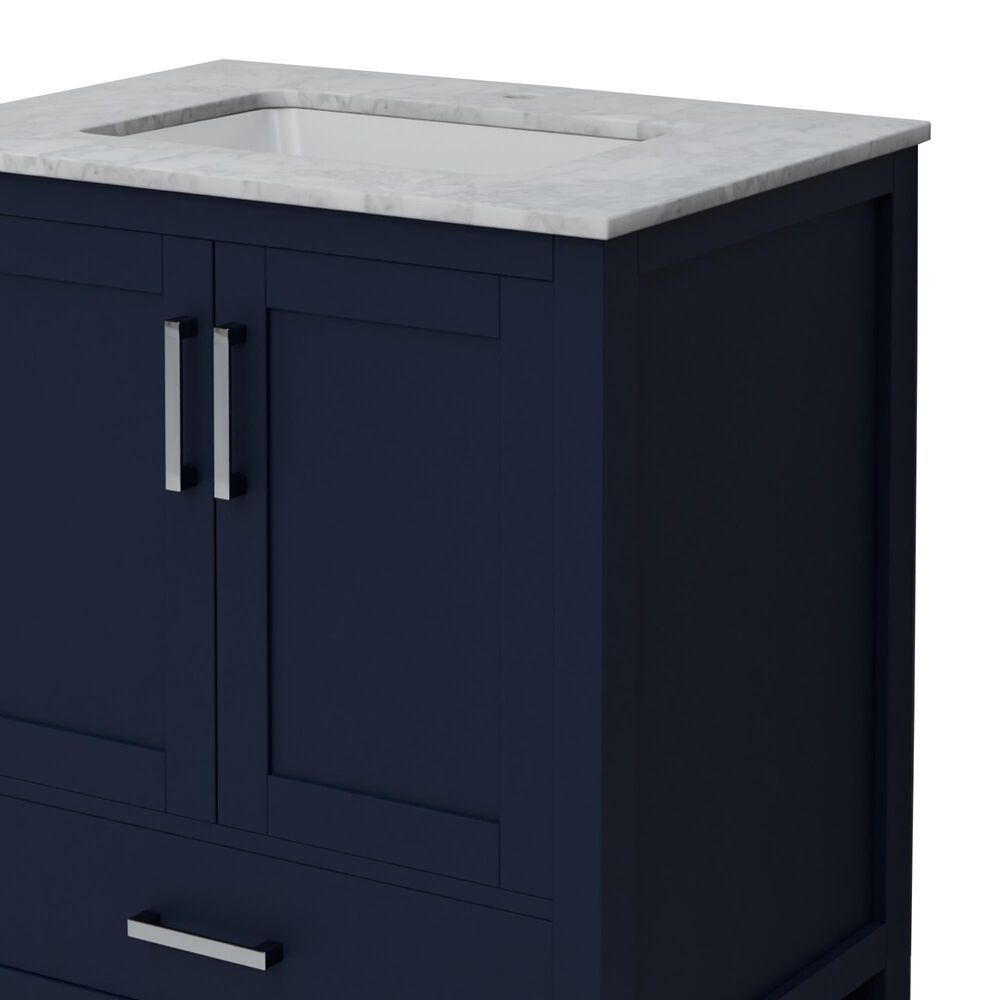 Lexora Home Jacques 30&quot; Single Bathroom Vanity in Navy Blue with 2 cm White Carrara Marble Top and Rectangular Sink, , large