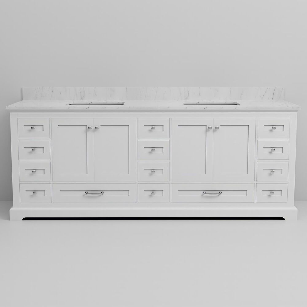 Lexora Home Dukes 84" Double Bathroom Vanity in White with 2 cm White Carrara Marble Top and Rectangular Sinks, , large