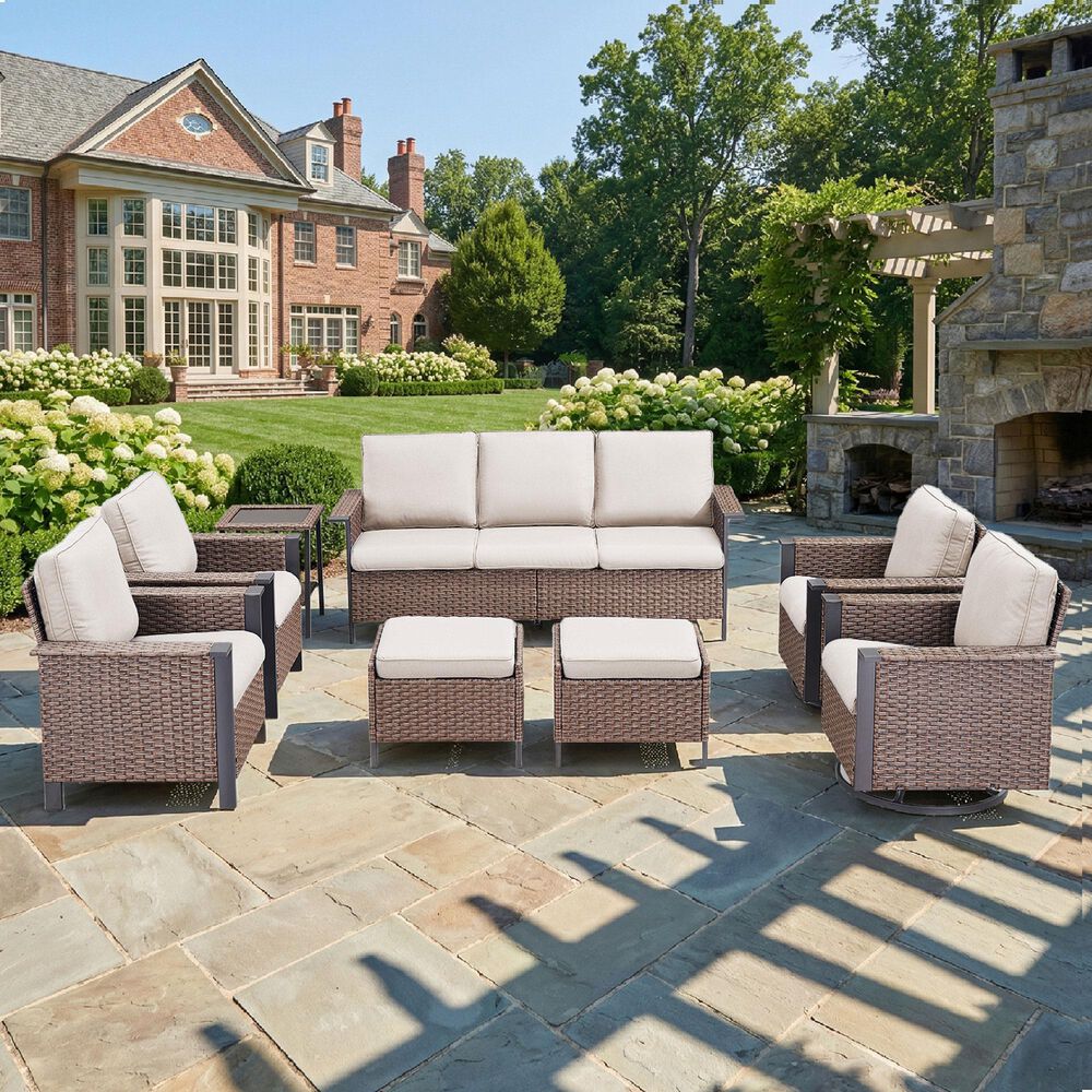 Sunwell Garden 8-Piece Patio Chat Set with Side Table in Beige, , large