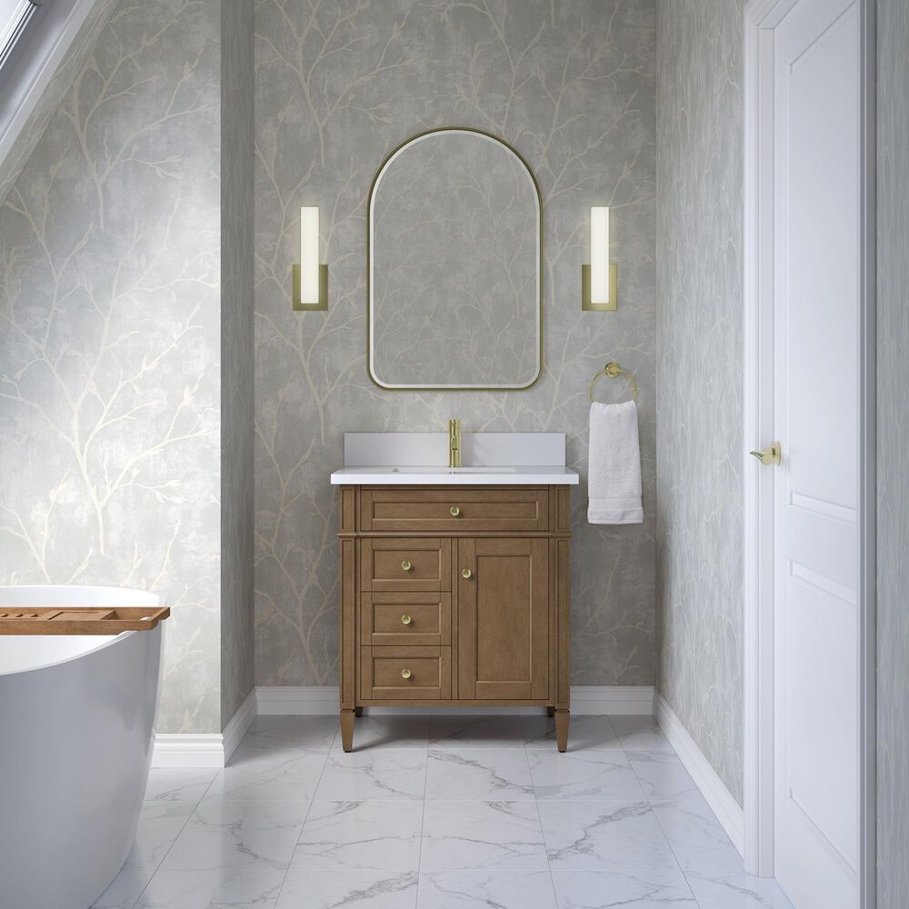 James Martin Brittany 30" Single Bathroom Vanity in Pecan with Single Hole 3 cm White Zeus Silestone Top and Rectangular Sink, , large