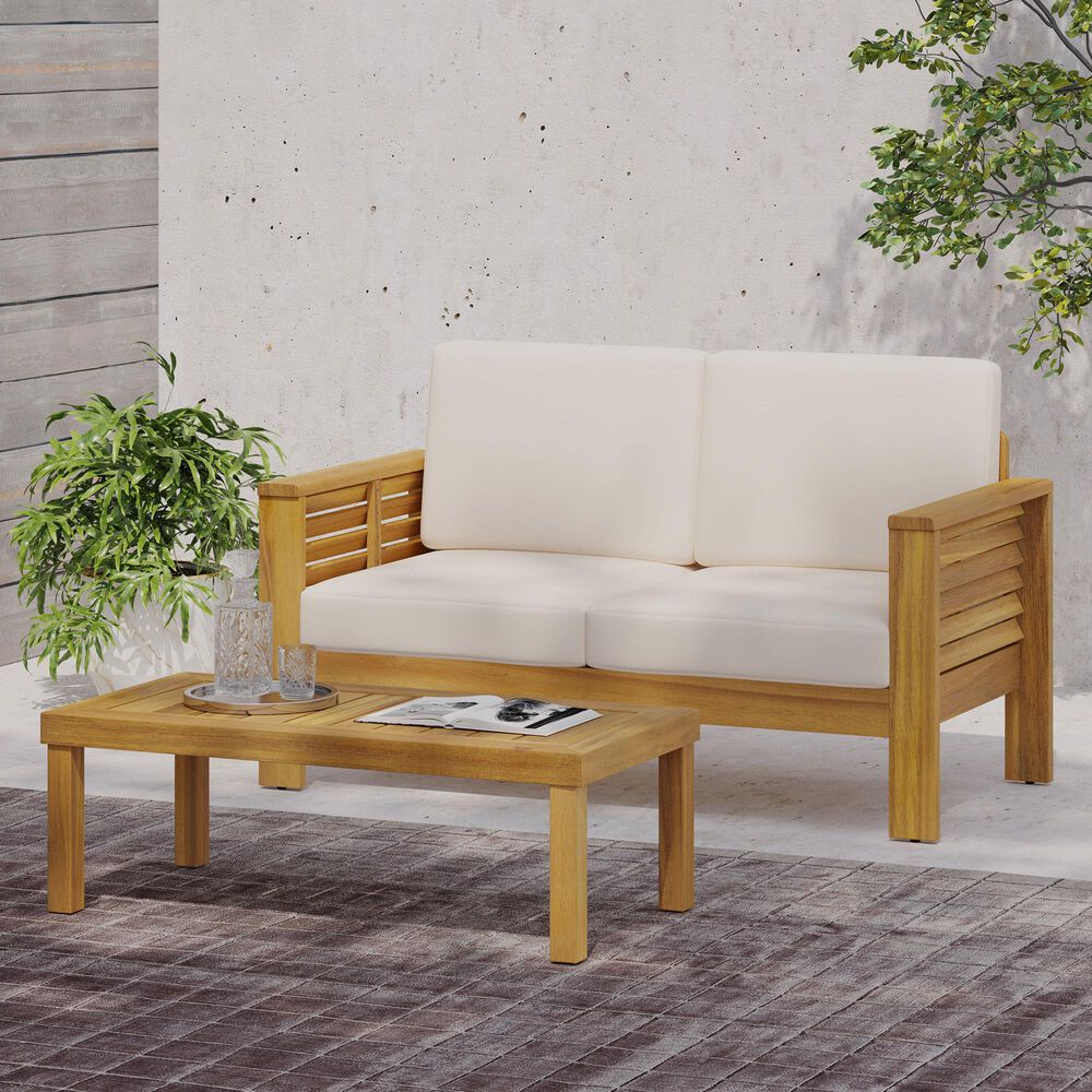 Hearth and Haven 2-Piece Patio Conversation Set with Cream Cushion in Teak, , large