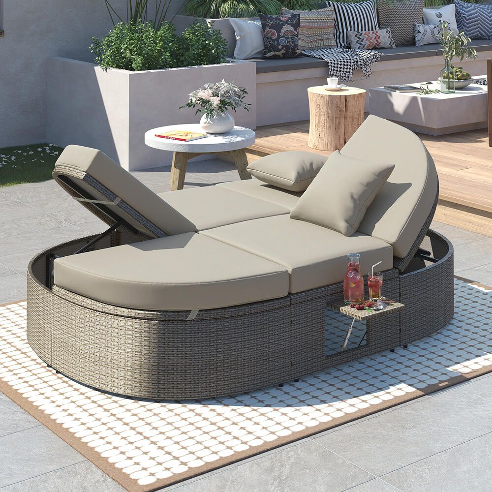 HOMLUX 2-Person Outdoor Daybed with Adjustable Backrests and Foldable Cup Trays in Gray, , large