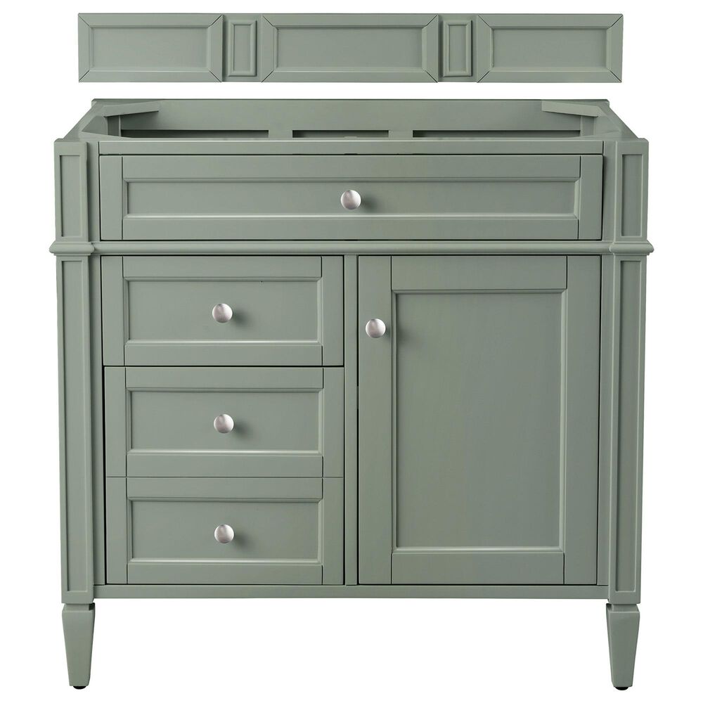 James Martin Vanities Brittany 36" Single Bathroom Vanity in Smokey Celadon with Single Hole 3 cm White Zeus Quartz Top and Rectangular Sink, , large