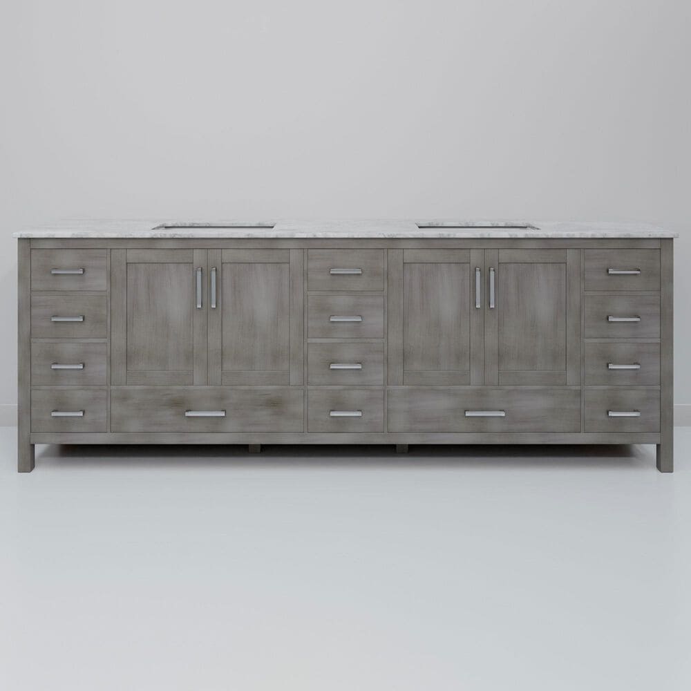 Lexora Home Jacques 84" Double Bathroom Vanity in Distressed Grey with 2 cm White Carrara Marble Top and Rectangular Sinks, , large