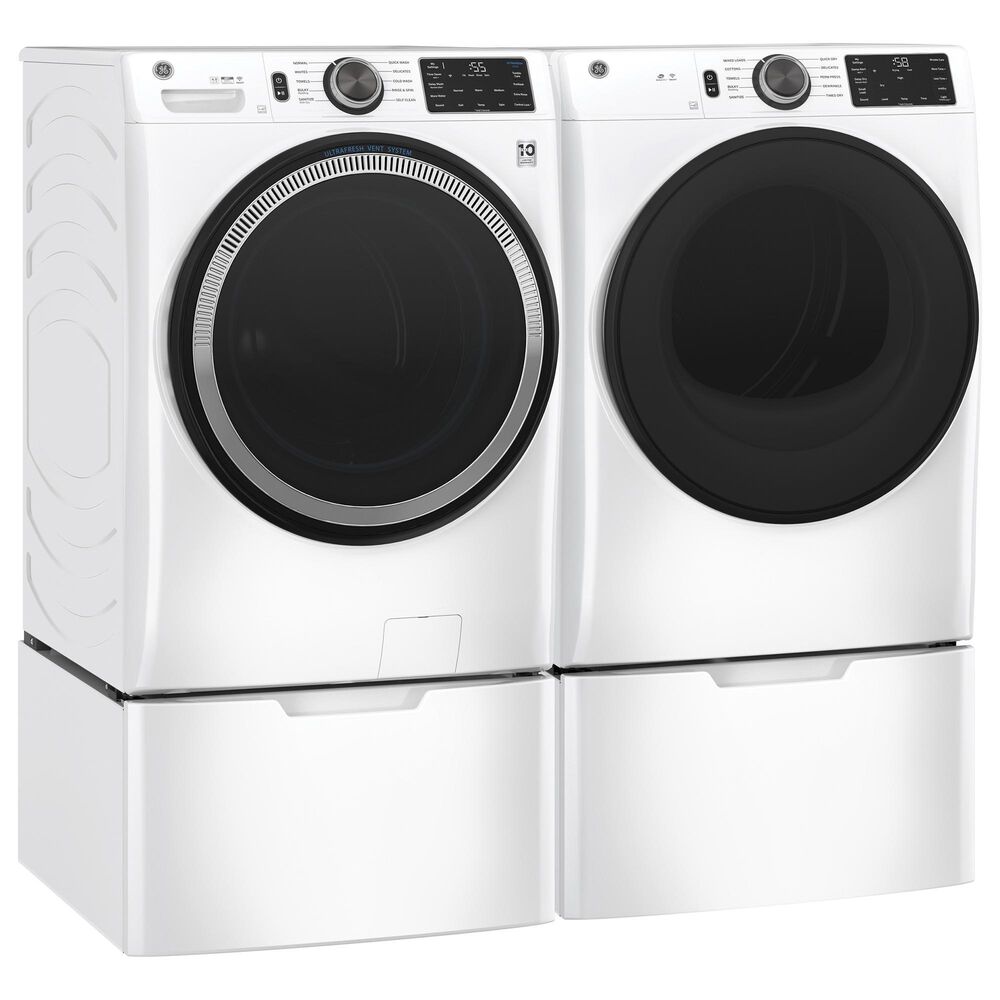 GE Appliances 4 PC Laundry Package with 4.8 cu. ft. Capacity Smart Front Load ENERGY STAR Washer with UltraFresh Vent System and OdorBlock, 7.8 cu. ft. Capacity Smart Front Load Gas Dryer with Sanitize Cycle, and 2 x 7&quot; RightHeight Riser, , large