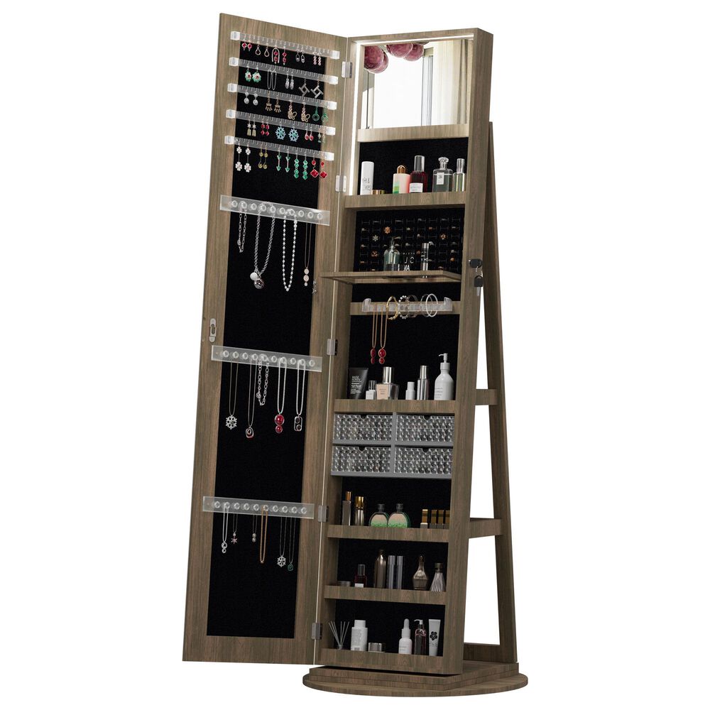 GigaCloud Swivel Jewelry Cabinet with Full Length Mirror and Locking Mechanism in Brown, , large