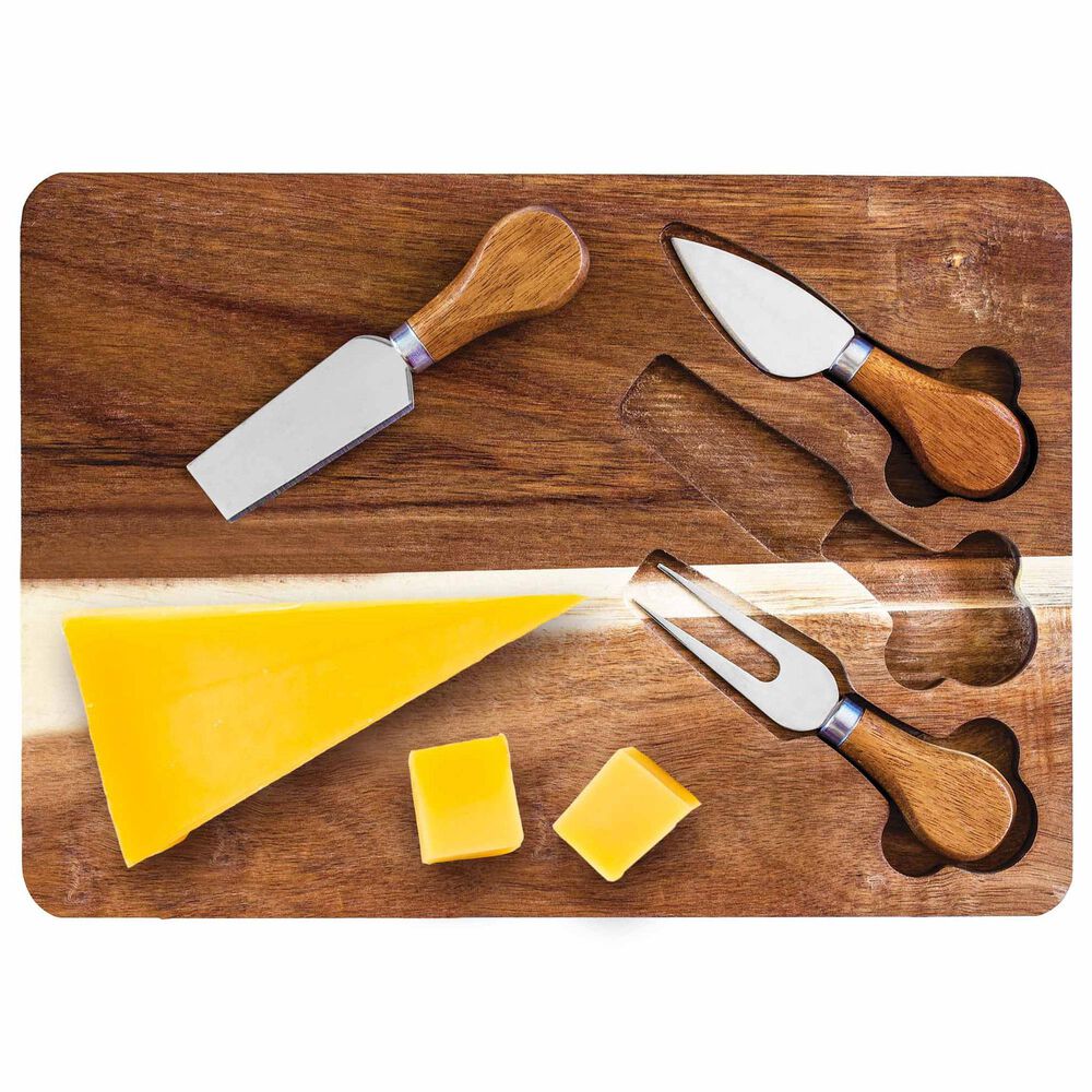 Totally Bamboo 4-Piece Serving Board with Built-In Cheese Tools in Dark Brown, , large