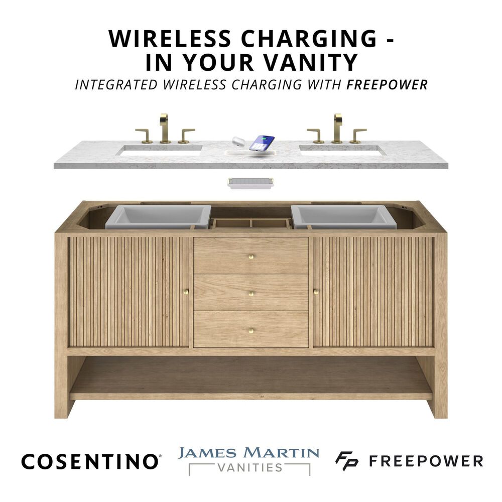James Martin Breckenridge 84" Double Bathroom Vanity in Light Natural Oak with 3 cm Eternal Jasmine Pearl Top, Rectangular Sinks and FreePower Wireless Charger, , large