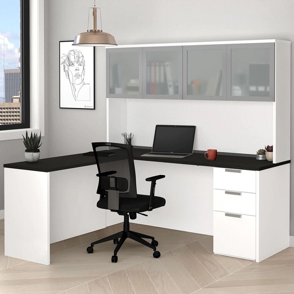 Bestar ProConcept Plus LDesk with Hutch in White and Deep Grey