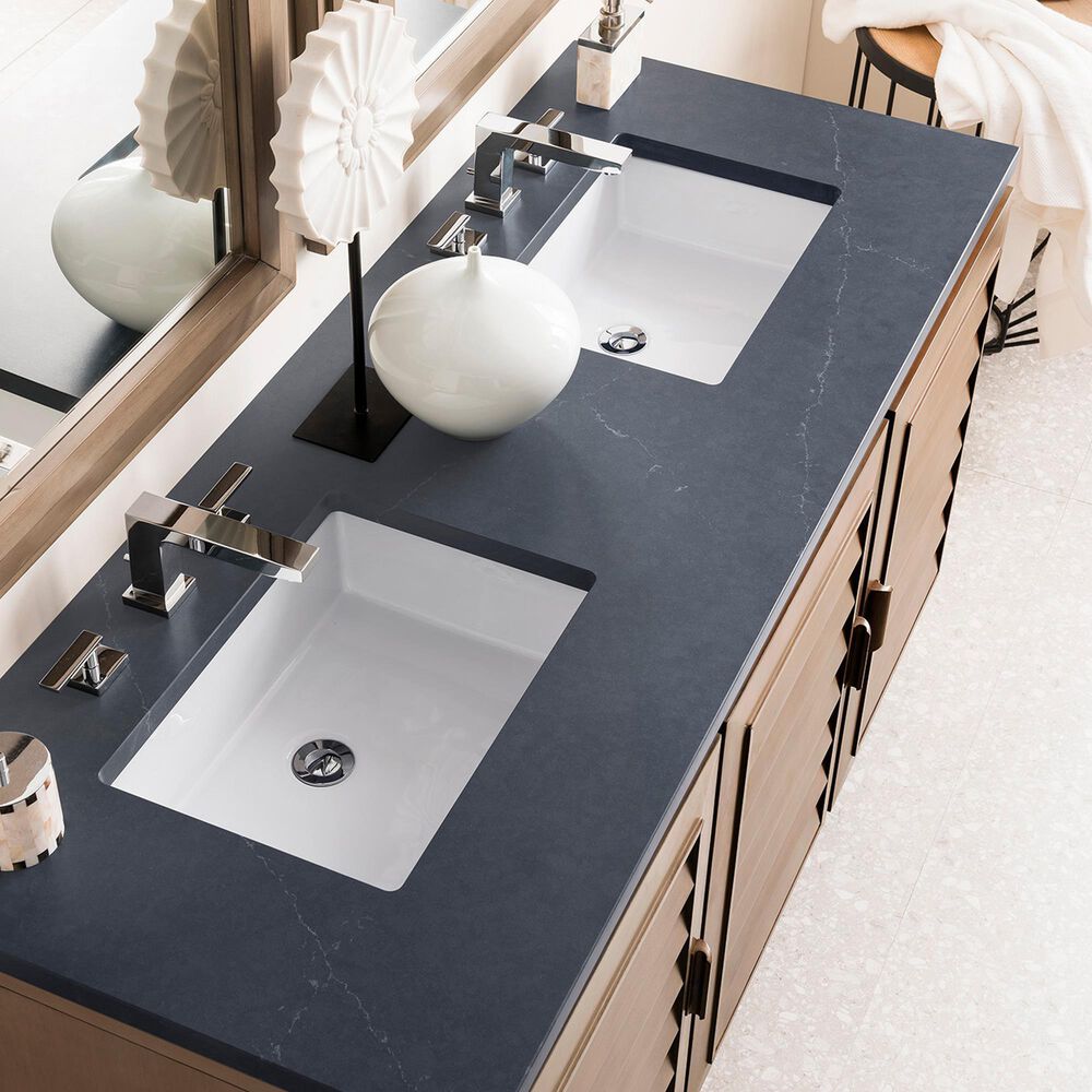 James Martin Vanities Portland 60&quot; Double Bathroom Vanity in Whitewashed Walnut with 3 cm Charcoal Soapstone Quartz Top and Rectangular Sinks, , large
