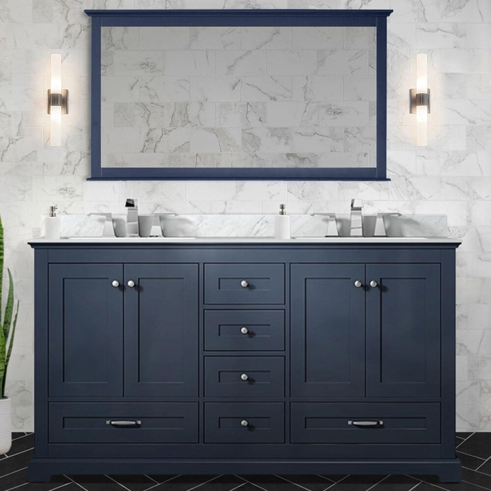 Lexora Home Dukes 60&quot; Double Bathroom Vanity in Navy Blue with 2 cm White Carrara Marble Top and Rectangular Sinks, , large
