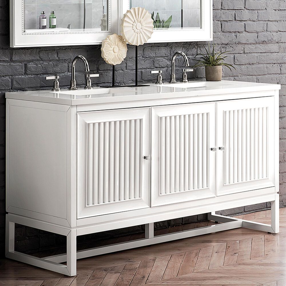 James Martin Vanities Athens 60" Single Bathroom Vanity in Glossy White with 3 cm White Zeus Quartz Top and Rectangular Sink, , large