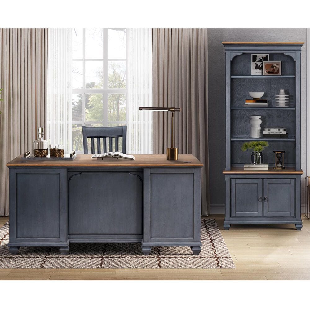 Legends Home Americana 2-Piece Executive Desk with Bookcase Pier Set in Corduroy Blue and Whiskey, , large