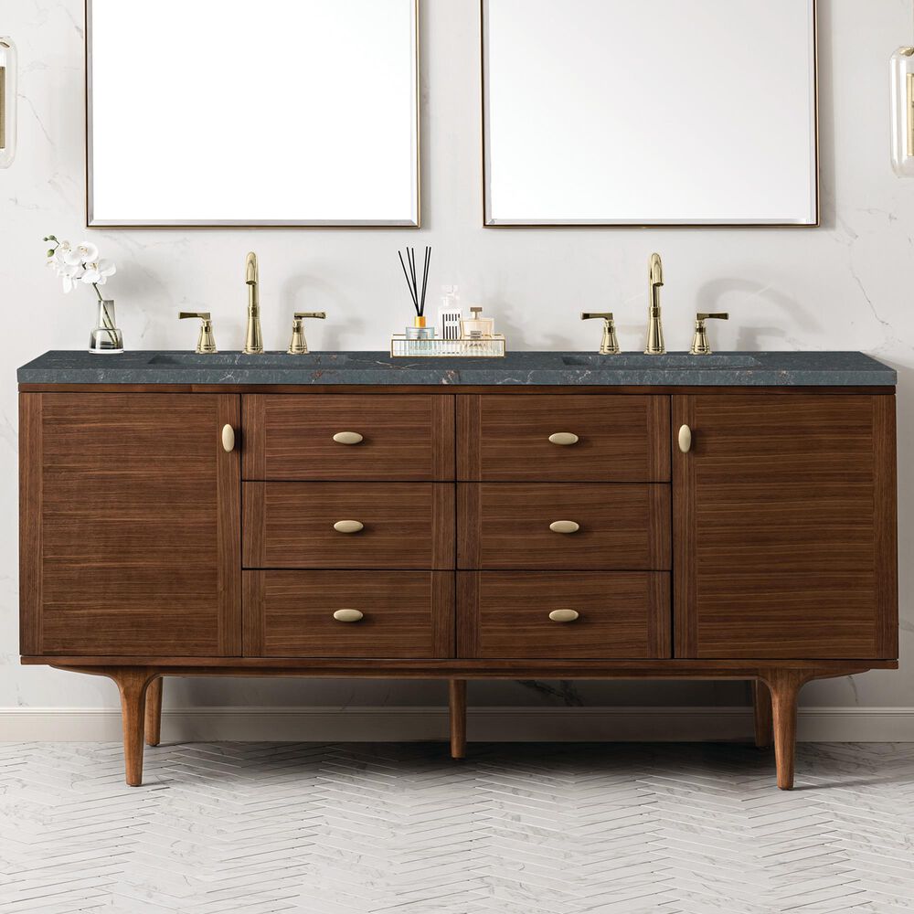 James Martin Vanities Amberly 72&quot; Double Bathroom Vanity in Mid-Century Walnut with 3 cm Parisien Bleu Quartz Top and Rectangular Sinks, , large
